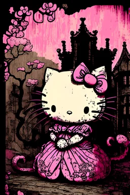 hello kitty in the style of arthur rackham, pink tones.
