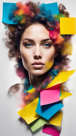 a half body portrait of a woman as made of post-it of different colors, half body submerged in post-it, natural hair with post-it inside, natural body posture, Art by Alberto Seveso, symmetrical, abstract artstyle, intricate complex watercolor painting, sharp eyes, digital painting, color explosion, concept art, volumetric lighting,TanvirTamim, metallic reflections, 2d render, by artgem, trending on artstation, UHD, HDR raw photo, realistic, sharp focus, 8K high definition, insanely detailed