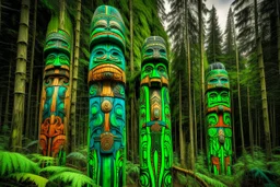 A green cybernetic forest designed in pacific Northwest totem poles painted by Gustave Courbet