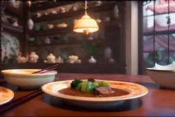 Photographie gastronomique d'un menu asiatique traditionnel: potage, des ha kao, des nouilles sautées au bœuf saté., fruits et légumes exotiques, Belle table de restaurant, vaisselle est en porcelaine de Chine et en argent, Éclairage parfait, reflets discrets, proportions réels, instagramable, photo de une de magazines, majestueux, royal, magnifique, 8k, hdr, cinema 4d, rendu octane, unreal engine 5