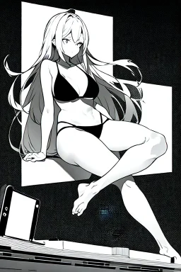 bikini long hair thin girl with leg in abyss pool, greyscale, cool pose, screen tones