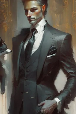 a fox in black suit, white collar band and court gown in the style of Aleksi Briclot, Charlie Bowater, Dean Cornwell, and Pino Daeni