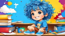 detailed digital art style, cute anime, detailed chibi face with smile, sitting on school desk in hand a bear toy, in colorful t-shirt and short paint and blue shooes, , messy hair random drawing background, child book style, highly detailed, no photorealism
