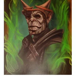 dungeons and dragons, fantasy, goblin, king, green skin, oil painting, large strokes, distinct face, portrait, head, crude crown