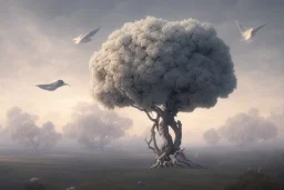 a beautiful digital painting of a marble tree entertwined in tumutluous clouds, intricate white branches and birds flying in the sunlight, blue sky at sunset, elegant, highly detailed, artstation, concept art, matte, sharp focus, art by tom bagshaw, kelogsloops and greg rutkowski