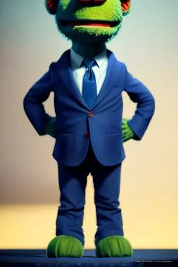 Waist up Portrait, joe Biden as muppet doll, Blue suit retro style, photo studio, blue background, unreal engine 5, concept art, art station, god lights, ray tracing, RTX, lumen lighting, ultra detail, volumetric lighting, 3d.