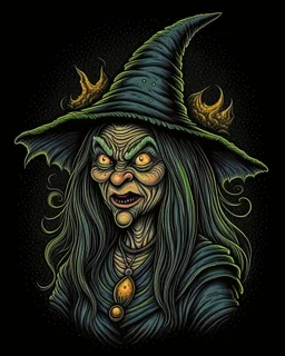 Ugly Witch tattoo design, traditional tattoo style, t-shirt design, fantasy art, digital painting, clean dark background, 8K