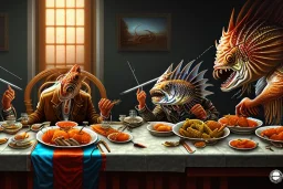 supper, fish sit at the table and eat pieces of people.