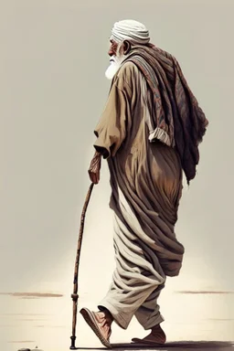 An old man wearing an Arabic keffiyeh, his back bent, walking barefoot, holding his cane upside down, looking back and holding his shoe in his hand.