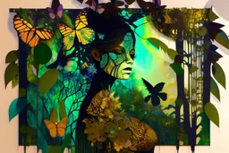 double exposure, dark night, Rainforest, bioluminescent flowers, birds, sleeping goddess merged layers, waterfall and butterflies Patchwork and painting by Meghan Duncanson and Jennifer Lommers and Didier Lourenço in sunshine plastic 3D effect ochre, burlap, mirror foil in starshine