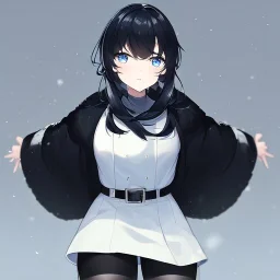 Clear focus, High resolution, black short fluffy hair, long locks, frowning, unamused, wearing a black coat and a white short skirt with black leggings on, wearing a white shirt, wearing a grey belt, looking confused, snow in the background, blue sparkling eyes, 1girl (solo)