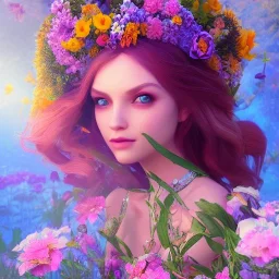  Beautiful and bright goddess of spring,delicate flowers, knees up portrait, fantastical, intricate detail, splash screen, complementary colors, fantasy concept art, 8k resolution, Unreal Engine 5"