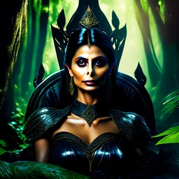 Morena Baccarin as a beautiful sexy dark elf queen seated elegantly on a throne in a mystical forest, dark celtic vignette frame, photo-realistic, cinematic lighting, award-winning photography