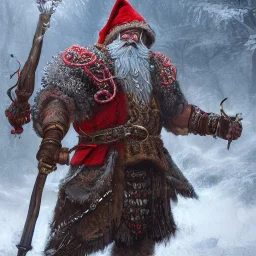 Insanely detailed photograph of an “D&D barbarian santa” with intricate detailed beard, intricate embroidered clothing, hyperdetailed painting by Ismail Inceoglu Huang Guangjian and Dan Witz CGSociety ZBrush Central fantasy art album cover art,8K, hdr, mysterious, ominous, snowflakes,jolly