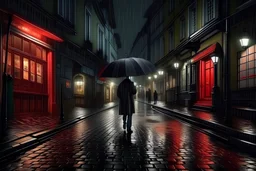 a man under a red umbrella, it's raining hard, it's night, lights from shops and a nearby hotel, cobblestone floor, small city square, 16K, realistic photography, he is alone in the city