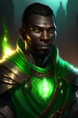 fantasy african male half orc cleric with green skin glowing scars and cornrowed black hair surrounded by twilight