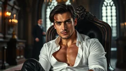 A breathtaking cinematic portrait of a handsome, muscular man around 35 years old sitting confidently in an elegant Victorian armchair inside a dark Gothic castle room. He has medium-length dark hair, dark eyes, subtle stubble, and an intense, determined gaze looking directly into the camera. His white shirt is partially unbuttoned, revealing part of his chest, with fitted black leather trousers, Gothic room. in background a blur vampire voman stands, detalied, cinematic