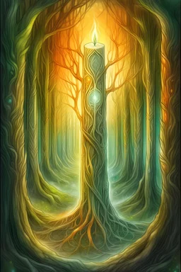 Ace of wands tarot card with a dreamy and mystical appearance magical runes glowing, shiny and shimmering, drawn with crayons, mystical moonlit forest background, ethereal aura surroundings, soft and dreamy color palette, artistic, hand-drawn, mystical, fantasy, moonlit forest, glowing runes, ethereal aura, soft color palette, dreamy lighting with orange and green patterns