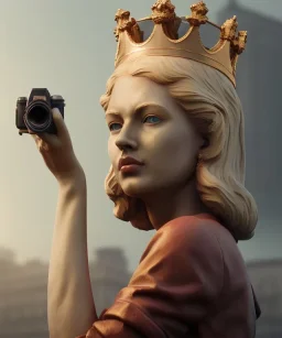 Statue of Queen of photography. Cute blonde woman. Photographer in golden crown. Standing on the street. Big camera in her hand. hyperdetailed, photorealistic, trending on artstation, greg rutkowski, beksinski, kodachrome