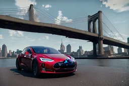 A Tesla 'Model 3' is parked, on the 'FDR Drive', eastern Manhattan. (CINEMATIC, WIDE ANGLE LENS, PHOTO REAL)