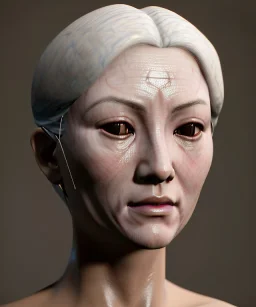 Simetric Realistic image portrait. Sweet woman head traditional japanese porcelain mask. Smooth. Dark ambient. Cold. God light. 4k resolution, intricate details, ornate details, soft lighting, unreal engine 5.