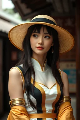 A beautiful Japanese woman wearing a flat golden hat and a white and gold sleeveless dress with black block accents looks affectionately ahead, wearing two golden armbands on her arms and a delicate gold White and white bracelet, cyberpunk