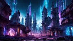 Photograph a surreal scene of a futuristic cityscape, where neon lights flicker amidst the ruins of ancient architecture. The buildings are a chaotic blend of organic and mechanical forms, their edges distorted by glitches and binary codes. The sky is a swirling vortex of electric blues and purples, reflecting off the shimmering surfaces of the city. Capture the moment as the city comes alive with a pulsing, otherworldly energy.