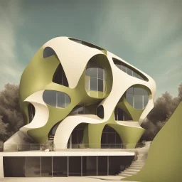 An olive-core-inspired building, presented in a contemporary abstract style.