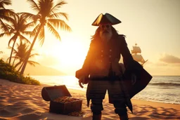 create a wide surreal scene of a pirate standing on a golden beach with a treasure chest full of coins in front of him, palms and tropical vegetation behind, pirate ship floating in the ocean. The pirate’s figure is semi-transparent, showing the chest, ship and coastline within his silhouette in a glowing double exposure. Ocean breeze in his coat, warm sunset tones, rich natural details, fantasy realism --v 7 --style raw --ar 16:9