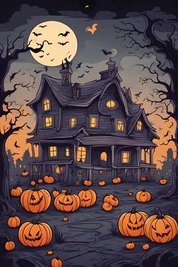 kids illustration, spooky halloween scene with ghosts pumpkins bats and old house in the background, cartoon style, thick line, low details, vivid color