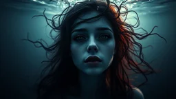 portrait pale skin shadow eyes, void, pain, hyper-realistic detail, floats in deep sea, Dark sea tendrils in her hair, and around, abyss, shadows, fog, Style crepy stunning, dark, surreal vibe underwater and meticulous detail clean pale skin and face. dark shadow and weird mood