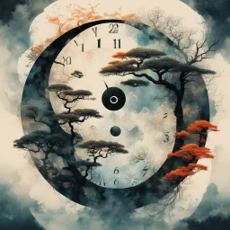 Double exposures:: The yin yang symbol by Andreas Lie and Dan Mountford; Japanese Bonsai Garden in a vision of a clock face; by Bojan Jevtic, by Victo Ngai; Splash art, intricate detailed, double exposure photo layering, hyperdetailed, watercolor and ink, loose brushstrokes, dramatic, reflective, moody, beautiful