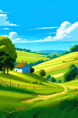 In a tranquil countryside scene, rolling hills stretch into the distance, blanketed with vibrant greenery. A clear blue sky stretches overhead, dotted with fluffy white clouds drifting lazily by. A gentle breeze rustles through fields of golden wheat, causing them to sway in rhythmic undulations. A quaint farmhouse sits nestled amidst a grove of trees, its warm stone walls bathed in the soft glow of the afternoon sun. Nearby, a meandering stream glistens as it winds its way through the landscape