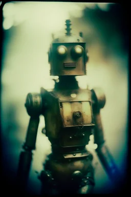 steampunk, vintage analog polaroid of a woman robot, female body, fog, lomography, heavy film grain, night, color bleed, depth of field, bokeh, retro