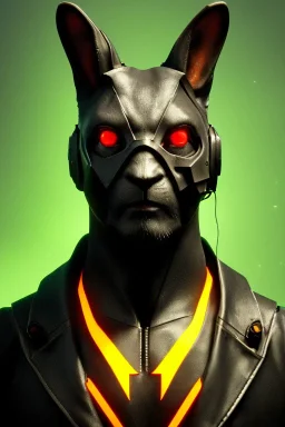 Medium Close Up Portrait, Front image. cyberpunk, rabbit mask, strong man, black hair and beard. latex suit army. Red, yellow, color. Cyber style. Color background, photo studio. Avatar image, highly detailed, concept art, smooth, unreal engine 5, ray tracing, RTX, lumen lighting, ultra detail, volumetric lighting, 3d, finely drawn, high definition, high resolution.