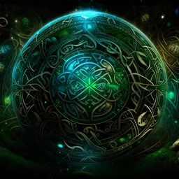 Earth surrounded by a translucent forcefield of Celtic runes