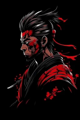 Create animated samurai with hair style in black background with bloody color