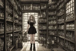 full-height shot of a young witch in a tight black short skirt, inside a large magic shop, shelving, bottles, windows