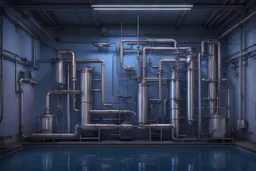 water treatment system, water visible, hyperrealistic 16k, 3d rendering, expressively detailed, dynamic light, expressiv lighting, steampunk, video game, neon lighting