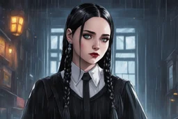 wednesday addams in 8k 2D anime realistic drawing style, Gothic them, neon effect, close picture, rain, highly detailed, high details, detailed portrait, masterpiece,ultra detailed, ultra quality