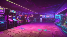 A dark photo of the corners of an 80's aesthetics arcade at night, with a lot of functioning arcade machines, a vaporwave floor and some colorful tiles in between the floor. Purple aesthetics. There are some pizza boxes over some of the arcade machines. The wall has a ticket shop who sells plushies, food and laser tag guns