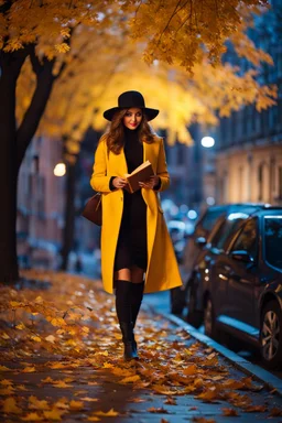 night yellow lights over the street trees autumn leaves under feet ,a Student adult girl with books in her hand walking in street looking to camera her lover flowing her with few steps far