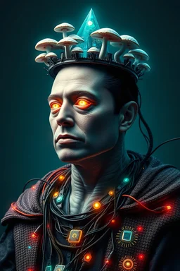 Elon Musk as a surreal, godlike figure—a fusion of AI, reptilian, and mushroom elements. His skin has a subtle, scaled texture with a bioluminescent glow, and his eyes glow with a high-tech, AI-like intensity. A crown made of circuit boards and mushrooms rests on his head, symbolizing his dominion over both technology and nature. His regal robes are intertwined with vines, glowing wires, and futuristic patterns.