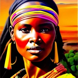 Drawing of 'woman from Maasai tribe',sweet stare,painting by Earl Norem, simon Bisley,frazetta,西嘛哒, evan lee, Vallejo,kelly,Paul Gauguin oil on canvas, cinematic composition, extreme detail,fit full head inside picture,8k