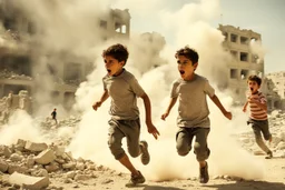 children running from bombs in a ruined city in Palestina, smoke and fire and explosions