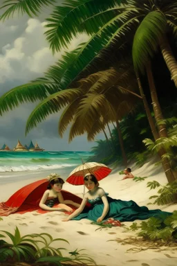 tropical beach two childeren and a woman lying paining neoclassism