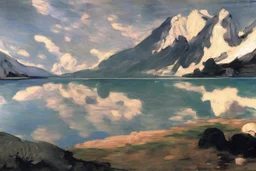 clouds, mountains, lake, lake reflections, rocks, edouard manet and frederic bazille painting