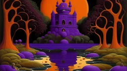 A purple swamp with a pumpkin citadel designed in Mexican folk art painted by John Brack