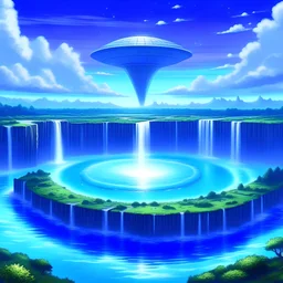 A captivating, futuristic illustration of a flat earth, seen from a space perspective, with waterfalls cascading over the edge. The flat earth is depicted as a circular disc, with detailed landmasses and water bodies. The waterfalls appear to be coming from a massive water reservoir, and there's a sense of serenity and peace. The sky is a deep blue with a few wispy clouds, and there's a satellite orbiting the earth. The overall ambiance of the image is optimistic and enchanting.