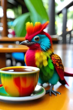 a cheerful and colorful turako bird offers to drink coffee